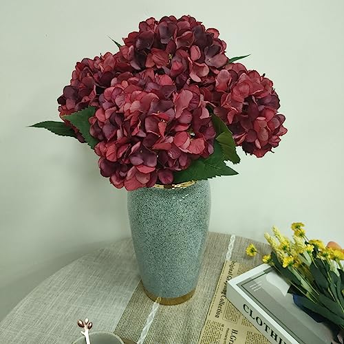 Red Hydrangea Artificial Flowers,6 Pcs Faux Hydrangea Flowers,Artificial Hydrangeas Flowers with Stems,Fake Hydrangeas,Red Silk Flowers with Stems for Home Decor (6, Dark red) - color: Dark Red