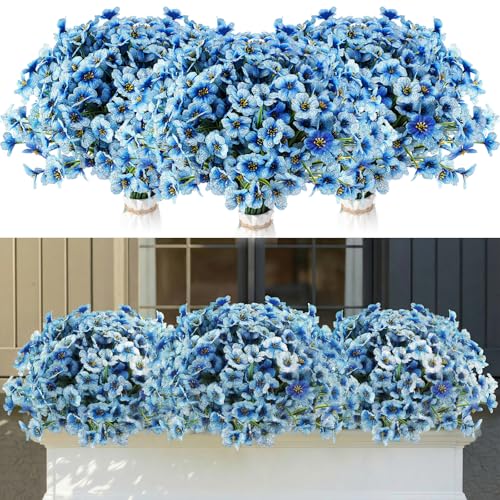 Lyrow 100 Bundles Violet Artificial Flowers, UV Resistant Faux Silk Flowers Outdoor, Fake Violet Bulk for Front Porch Hanging Garden Courtyard Farmhouse Home (Gradient Blue) - color: Gradient Blue