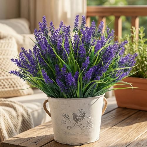 CEWOR Artificial Plants Outdoor Fake Monkey Grass with Lavender Flowers Grass UV Resistant Faux Plants for Garden Porch Window Patio Planter Pathway (24 Bundles) - color: Purple Lavender