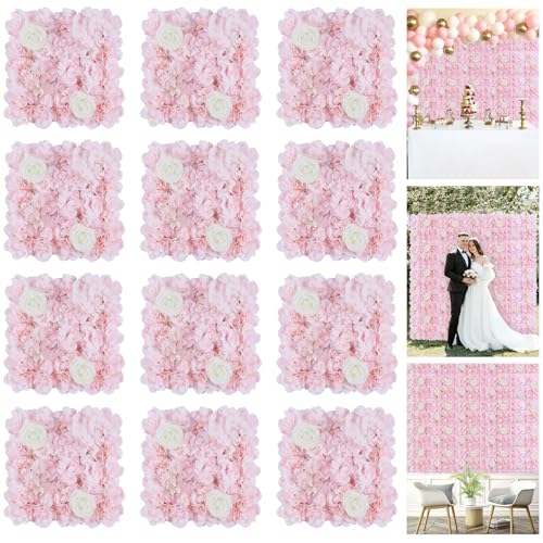 FOTSHARER Pink Flower Wall Backdrop 12 Pack 3D Flower Wall Panel 15'' x 15'' Silk Rose Floral Walls Artificial Flower Panels for Backdrop Floral Wedding Background for Bridal Shower Party Events - color: Light Pink