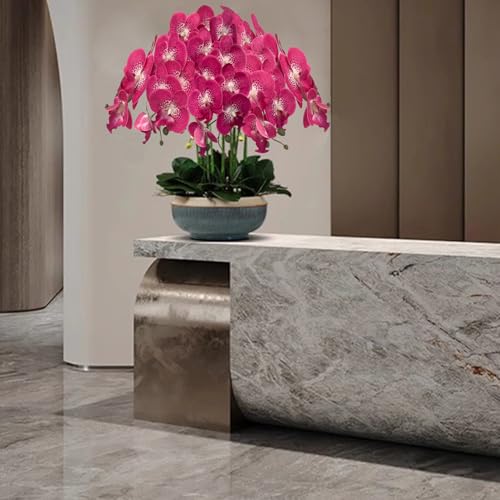 HinyoCo 5 Pcs Artificial Orchid Flowers and 4 Bundles Leaves, Artificial Phalaenopsis Flowers 32 Inch Stem Plants for Home Wedding Decoration (Rose red Spots) - color: Rose Red Spots