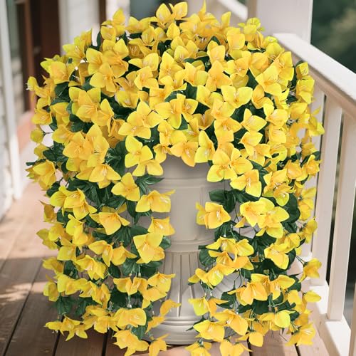 Artificial Bougainvillea Flowers Plants for Outdoors Decoration, 2 Pcs Faux Silk Flowers Long Trailing Fake Vines for Front Door Porch Planter Balcony Patio Summer Spring Home Decor, Yellow - color: Yellow