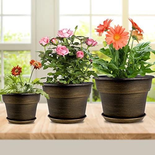 Plant Planters Pots Set of 4 Pack 8 Inch, Plastic Flower Pot For Indoor Plants With Drainage Holes & Trays, Resin Decorative Container Sets With Saucer For House Outdoor Garden Planters Dark Gold - color: Gold, size: 8 inch-4 pack