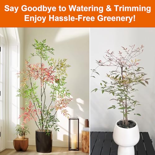 7.2ft Faux Bamboo Tree Artificial Nandina Tree Artificial Indoor Plants Realistic Fake Potted Tree with 800+ Leaves, Cement Planter - Home Office Decor Perfect for Housewarming Gift Non-Toxic - color: Mixcolor, size: 7ft 2in