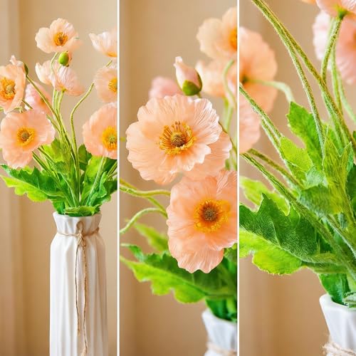 HCTCPALS Artificial Flowers for Outdoors 6 Pcs Poppy Plant Realistic Silk Fake Flowers for UV Resistant Faux Plants Outdoor Indoor Outside Front Porch Hanging Planter Decoration-23.5” Champagne - color: Poppy Champagne