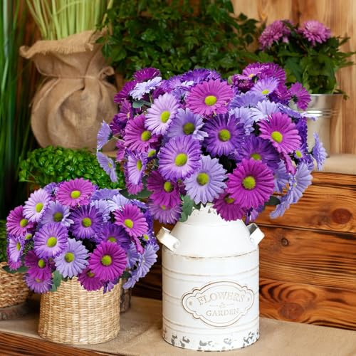 8 Bundles Artificial Silk Gerbera Daisy Flowers Fake Outdoor Bouquet Realistic Bulk Bouquet UV Resistant for Garden Front Porch Pots Home Indoor Table Vase Decoration (Purple+Blue) - color: Purple+blue