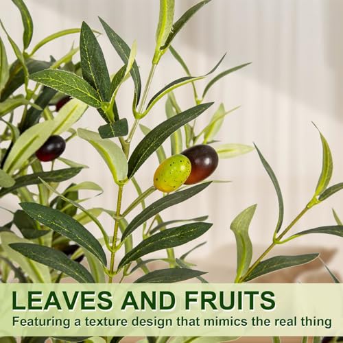 Artificial Olive Tree 5FT Tall Faux Olive Tree Artificial Indoor with Natural Wood Trunk and Lifelike Fruits Realistic White Planter Potted for Home Office Living Room Decor