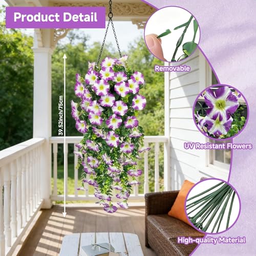 Artificial Hanging Flowers for Outdoors, 6 PCS Silk Morning Glory Artificial Flowers with Eucalyptus Leaves, UV Resistant Fake Flower Realistic Faux Plants for Home Patio Porch, Petunias+Lotus - color: Petunias-blue