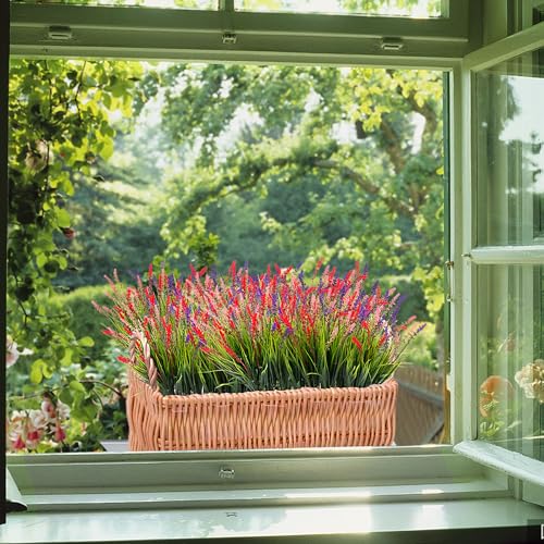 Artificial Faux Plants Flowers for Outdoor Decorations, Fake Monkey Grass for Outside Porch Patio, No Fade Realistic Greenery Plant, UV Resistant Artificial Bush Shrubs for Courtyard Window Garden - color: Red Pueple Pink, size: 12 Pcs