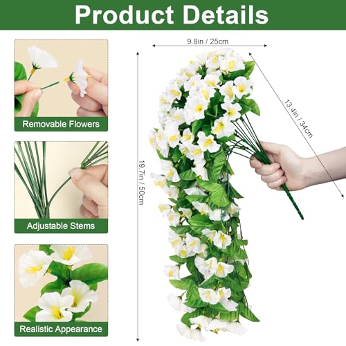 Artificial Hanging Flowers for Outdoors, 2 Pack White Silk Morning Glory Fake Flowers UV Resistant Faux Petunias Hanging Artificial Plants Trailing Vines for Home Garden Spring Summer Planter Decor - color: White
