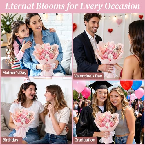 Lewondr Preserved Flowers Bouquet with Bear, 3 Real Forever Flowers for Delivery, Long-Lasting Pink Eteranl Roses Bouquet, Anniversary Birthday Gifts for Girlfriend Best Friend Women Mom Her Wife - color: Dusty Pink