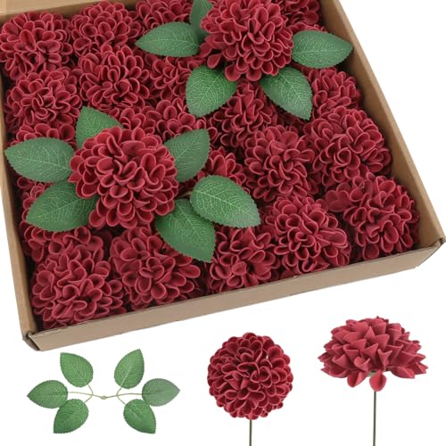 25Pcs Burgundy Foam Dahlia Flowers Real Looking Faux Dahlias Artificial Flower Heads Bulk for Crafts Wedding Centerpieces Party Home Floral Arrangements (Burgundy) - color: Burgundy