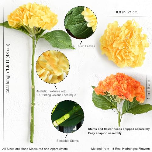 FiveSeasonStuff Real Touch Silk Hydrangea Flowers, 2 Large Long Stem Artificial Flowers for Floral Arrangements (Mixed Sunbeam Yellow & Autumn Orange) - color: Mixed Sunbeam Yellow + Autumn Orange