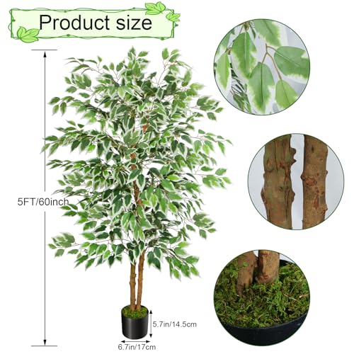 GTIDEA 2 Pcs 5ft Ficus Artificial Trees, Tall Faux Trees with Natural Trunk, Fake Silk Tree Artificial Plants for Home Decor Indoor Living Room Outdoor Balcony House Office (Included Dried Moss) - color: 5ft Ficus Tree-2pack (No Vase)
