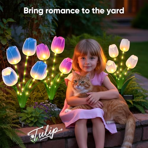 Solar Tulip Lights Outdoor: 3-Pack Solar Flower Garden Lights with Bendable Stems - IP65 Waterproof 800mAh for 12H Lighting - Auto On/Off Garden Decor - Gifts for Mom - Blue Purple White - color: Blue+Purple+White