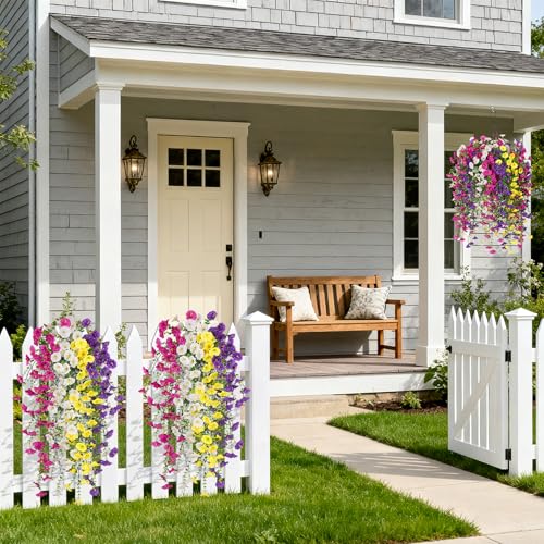 Artificial Hanging Petunias Flowers for Outdoor, 8pcs Fake Plants Long Vine Morning Glory Eucalyptus, UV Resistant Realistic Faux Greenery Outside Patio Porch Garden Spring Summer Decor, Mix Color - color: Purple Yellow White