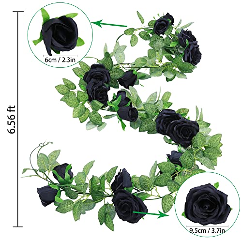 Felice Arts 2 Pack Black Artificial Flower Garland Each 6.5FT Fake Rose Vine Hanging Rose Garland for Wedding Flowers Table Arrangement Outdoor Wall Decor - color: Black-2