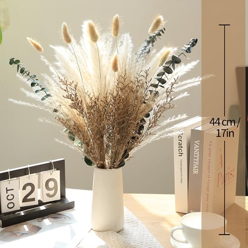 17 Inch Beige & White Dried Grass Bouquet, White Reed, Green Eucalyptus and Natural Love Grass for Spring Home Decor, Minimalist Boho Styling,Table Display and Holiday Decor - color: 70pcs Pampas Grass