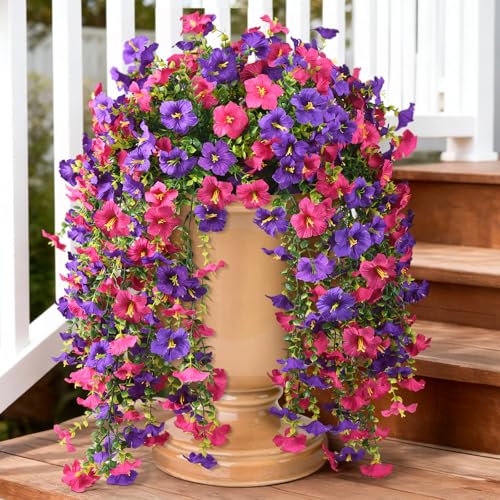 Artificial Hanging Flowers Plants for Outdoor Spring Summer Decoration, 2PCS Faux Silk Morning glory UV Resistant Look Real for Outside Home Indoor Planter Porch Garden Yard Decor(Deep Purple Red) - color: Deep Purple Red