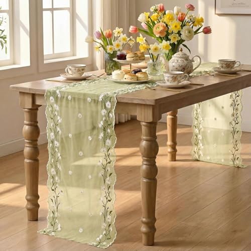 Artoid Mode Daisy Floral Yellow Shaped Gauze Embroidery Table Runner 120 Inch 10FT, Tulle Spring Summer Kitchen Dining Table Decor for Home Party - color: Yellow