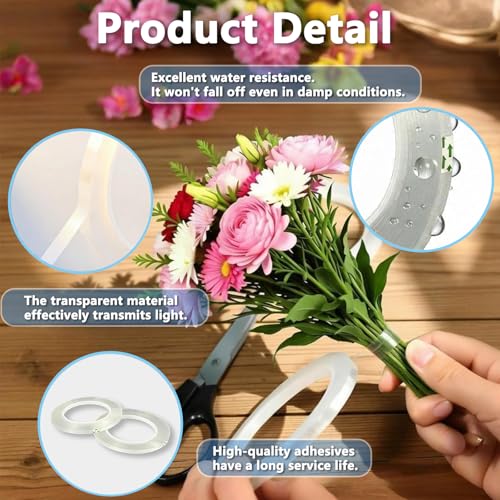 Clear Floral Tape, Waterproof Floral Tape 1/4 inches Wide Floral Vase Tape for Flower Bouquets and Flower Supplies Craft 2 Rolls Clear Florist Tape for Wrapping, Corsages, DIY Crafts (216Ft Per Roll)