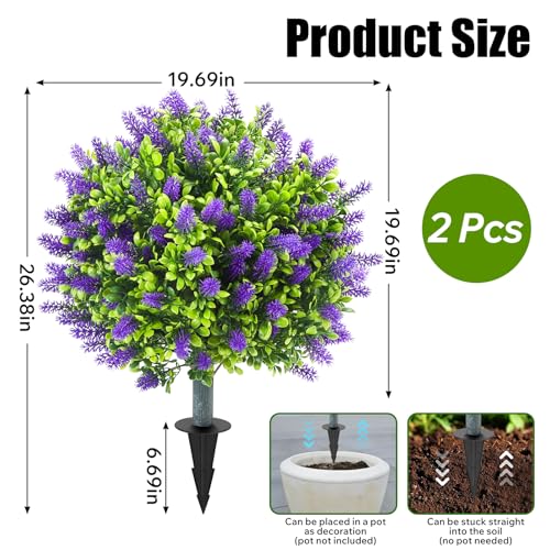 2 Pack 25" Artificial Lavender Topiary Ball Trees for Outdoors, UV Resistant Faux Evergreen Shrubs with Ground Spikes, Fake Bush Ball Plants for Front Porch, Patio, Garden, Indoor Outdoor Home Decor - color: Lavender