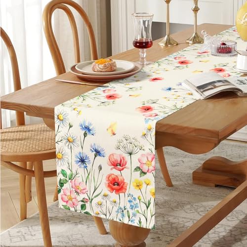 Betylifoy Floral Table Runner Daisy Watercolor Wildflower Table Runners Spring Summer Butterfly Kitchen Dining Table Decoration for Home Party Coffee Table Decor 13x55 Inch - color: Floral, size: 13x55inch