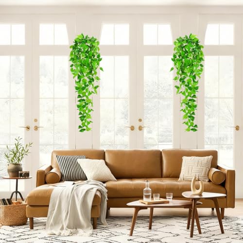 Artificial Hanging Plants, 2pcs Fake Pothos Vine Greenery for Wall Decor - Indoor Outdoor Home Living Room Hanging Decor, No Basket Included