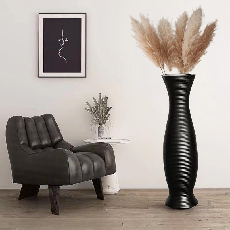 Tall Black Floor Vase 30 inches, Handmade Modern Large Ceramic Vases for Home Decor Living Room, Horizontal Stripes Decorative Vases Wide Mouth Opening Corner Vase for Pampas Grass, Hallway - color: Black Stripe Pattern