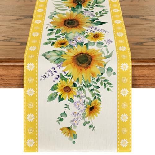 Artoid Mode Sunflower Leaves Flowers 210 GSM Summer Table Runner, Seasonal Kitchen Dining Table Decoration for Home Party Decor 13x48 Inch - size: 13" x 48", Table Runner