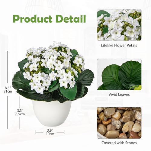Kalanchoe Artificial Flowers Bush White Faux Silk Flowers Artificial Plants & Flowers in Vase Small Potted Plant Fake Flower with Pot Arrangement Home Decor Office Bathroom Shelf Desk Decoration - color: Kalanchoe - White (8.3inch)