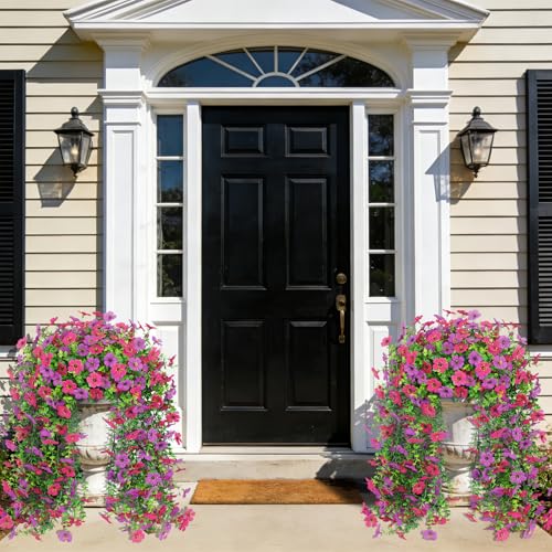 4 Pcs Artificial Hanging Flowers for Outdoor, Fake Silk Daisy Flowers Spring Summer Decoration UV Resistant Faux Plants for Planter Front Door Porch Patio Balcony Yard Decor, Purple Fuchsia - color: Purlple Fuchsia