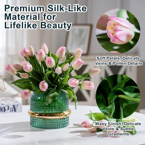 Bailikang 20PCS Fake Tulips Artificial Tulip Silk Flowers Fake PU Bouquet Artificial Flowers Faux Flowers with Gift Box Soft Faux Tulips Bouquets Arrangements for Party Wedding Home - color: Light Pink