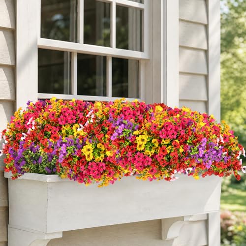 CLEANGOR 12 Pcs Artificial Daisy Flowers for Outdoors (6 Color) | UV Resistant Artificial Outdoor Plants, Fake Daisy with Eucalyptus Leaves, for Spring Summer Garden, Porch, Home Decor - color: Mix1(red+pink+purple+yellow+orange+rose Red)