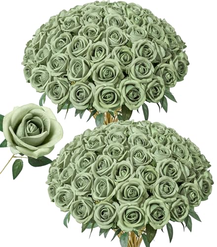 50 PCS Green Roses Artificial Flowers, Fake Roses with Stem Realistic Silk Roses for DIY Wedding Bouquets Tables Centerpieces Arrangements Baby Shower Birthday Home Decor Valentine's Day Gift for Her - color: Elf Green