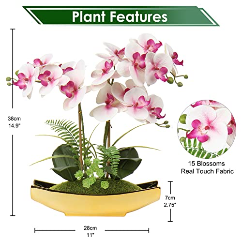 Briful Orchids Artificial Flowers 15" Light Pink Phalaenopsis Orchid with Gold Pots Real Touch Faux Orchid Plant for Home Office Living Room Table Shelf Decor - color: Pink#2
