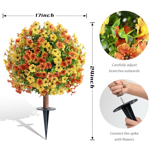 momoplant Artificial Boxwood Topiary Ball Tree with Mum Flowers 24” Tall Faux Plant with Ground Spikes Set of 2 Fake Flower Bushs for Farmhouse Porch Home Garden Decor - size: 2Pcs with Spike（Yellow&Orange）