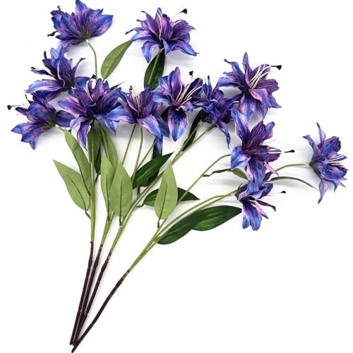 Artificial Lily Flowers, Fake Silk Flower Long Stem Artificial Stargazer Lilies with Full Bloom Faux Tiger Bouquets for Home Decor Wedding Party Hotel Floral Arrangement DIY Decoration – Purple 4 Pack - color: Lily Flowers - Purple 4 Pcs