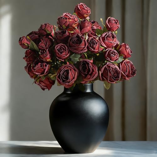 20pcs Artificial Roses Garden Style Silk Fake Rose Flowers Loose Natural Floral Bouquet Decorations for Valentine Wedding Anniversary Arrangement (Burgundy) - color: Burgundy