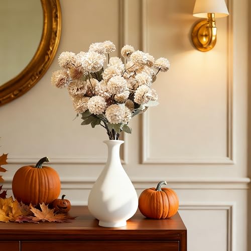 12pcs Artificial Flowers Faux Silk Pompon Mum, Fake Kiku Flowers with 21" Long Stems & 5 Heads Each Stem, Mini Small Chrysanthemum with Stems for DIY Wedding Bouquets Centerpieces Home Decor - color: Beige, size: 12 PCS