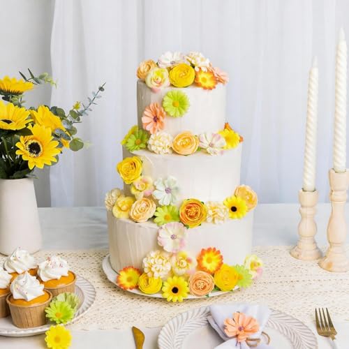 Fake Flower Heads for Crafts, 66PCS Mini Artificial Flowers Bulk, Small Silk Daisy Rose Sunflower Faux Floral Heads for DIY Hair Clips, Wedding Cake, Graduation Cap, Wreath & Party Decoration - color: Yellow