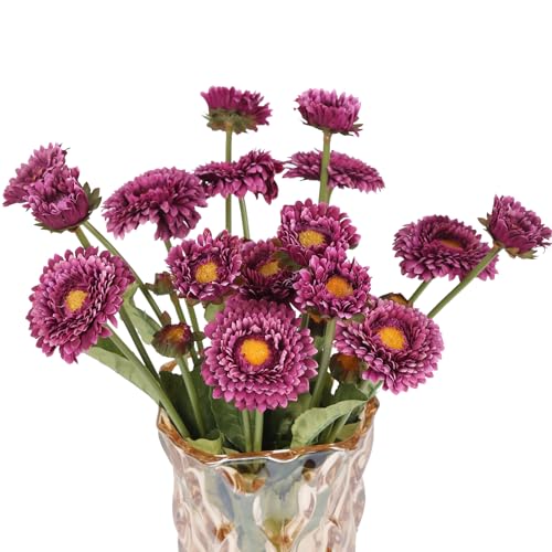 Purple Daisy Flowers Artificial 8pcs Realistic Faux Chrysanthemum Silk Calendula Flowers with Stems for Wedding Bouquet Home Party Decoration(Purple) - color: Purple
