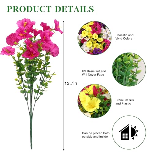 CEWOR Artificial Flowers for Outdoor Indoor, Fake Silk Morning Glory with Eucalyptus Leaves, Faux Flower for Garden Front Door Porch Planter Patio Home Decor (24 Bundles, Fuchsia Yellow White Purple) - color: 4 Color Morning Glory
