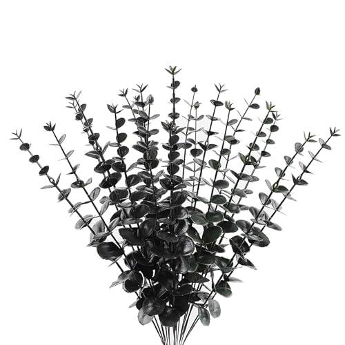 ABAJI Plastic Eucalyptus Black Stems 12 Fake Faux Decorations Artificial Leaves Greenery Plant Leaf Home Office House Table Desk Decor Wedding Party Vase Forever Live - color: Black