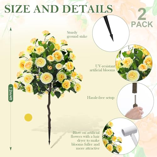 Lunmon 2 Pack 4ft Artificial Camellia Plants Tree 48" Faux Camellia Flower with Spike (Without Vase) UV Resistant Realistic Fake Floral Blooming for Outdoor Front Door Porch Backyard Garden, Yellow - color: Yellow, size: 4 ft