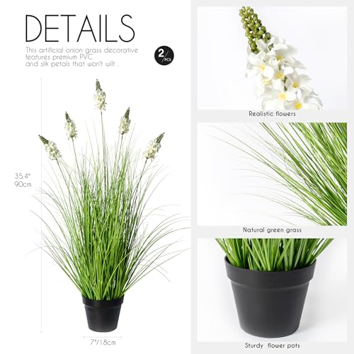 Fake Grass 3FT - Artificial Plants with Hyacinth Flowers, 2 Pack Ornamental Tall Grass Greenery with Pot, Fake Plant for Indoor Outdoor, Office Patio Decor, New Home Gift, White - color: 0.9m White2
