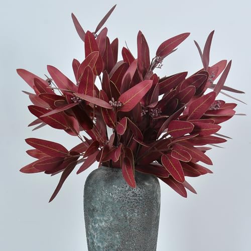 Ziwon Artificial Eucalyptus Stems Fall Decorations, Burgundy Faux Greenery for Vase Decor, Red Fake Eucalyptus Branches，32 inches, 4 Packs - color: Red