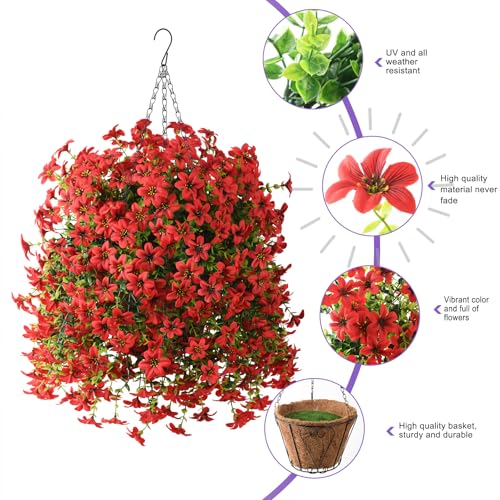 Artificial Hanging Baskets Outdoor, 4 Bundles Artificial Hanging Flowers Outdoors Spring Summer Decoration, No Fade Realistic Fake Hanging Baskets for Porch Patio Balcony Home Yard Decor - color: Red