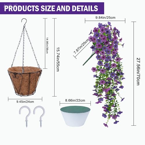 Zythrem 2 Set Artificial Hanging Flowers Basket for Outdoors Artificial Flowers for Outdoors 4 PCS Spring Summer Hanging Planter Basket for Porch Baclony Garden Front Door Decor (Purple)