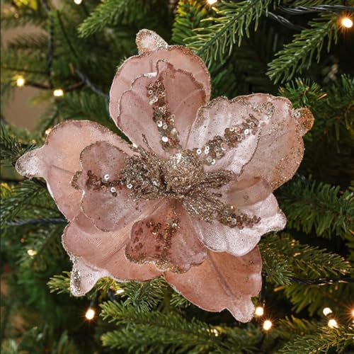 vctops 6 Pcs Poinsettia Artificial Flowers Christmas Tree Ornaments Velvet Glitter Magnolia Flowers for Xmas New Year Party Wedding Holiday DIY Decorations, Pink - color: Pink